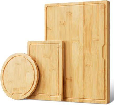 Set di 3 tavole da taglio in legno con scanalature di succo, manicotti laterali, diverse forme