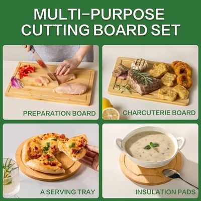 Set di 3 tavole da taglio in legno con scanalature di succo, manicotti laterali, diverse forme