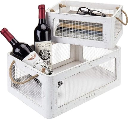 Scatola di stoccaggio in legno bianco multifunzionale con maniglie e pannelli laterali di filo di maglia