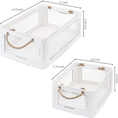 Scatola di stoccaggio in legno bianco multifunzionale con maniglie e pannelli laterali di filo di maglia