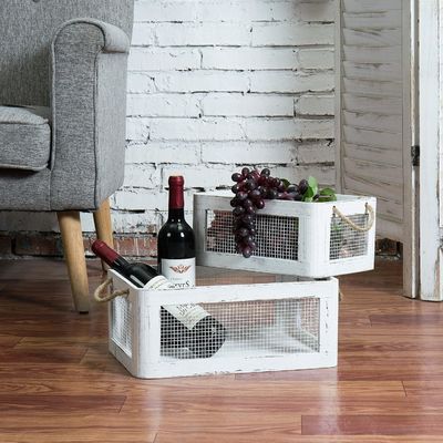 Scatola di stoccaggio in legno bianco multifunzionale con maniglie e pannelli laterali di filo di maglia
