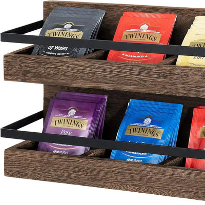 2 Livello Borse da tè in legno rustico Portaborse da tè montate a parete Scatola da tè per espressione di condimenti da caffè Mensola per il tè