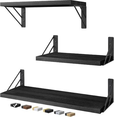 Set di 3 ripiani galleggianti di legno rustico a muro regolabile nero per lo stoccaggio
