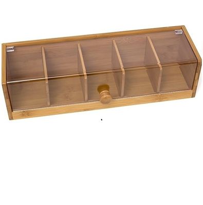 Servizio personalizzato 14 x 5 x 3 pollici 5 sezioni Bambù Legno Acrilico Scatola di tè in colore semplice