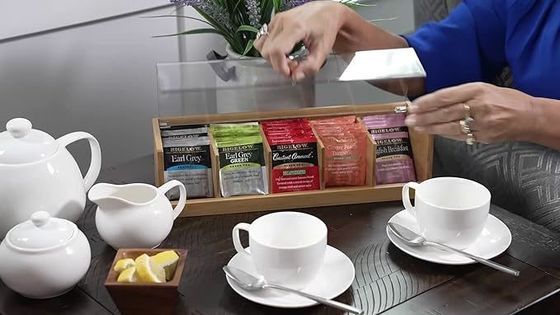 Servizio personalizzato 14 x 5 x 3 pollici 5 sezioni Bambù Legno Acrilico Scatola di tè in colore semplice