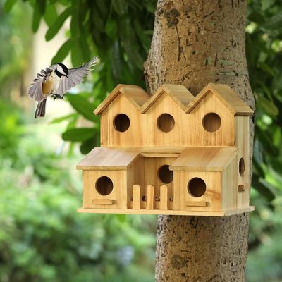 Casa per uccelli in legno fatta a mano con 8 fori Capo scorrevole stile Infine colore legno di betulla
