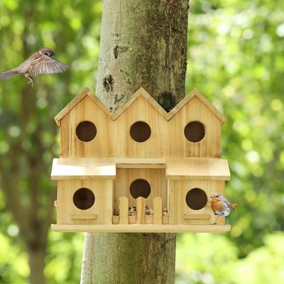 Casa per uccelli in legno fatta a mano con 8 fori Capo scorrevole stile Infine colore legno di betulla