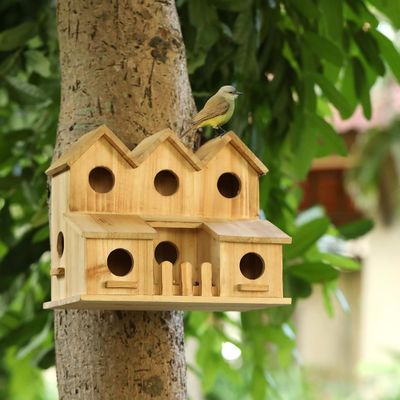 Casa per uccelli in legno fatta a mano con 8 fori Capo scorrevole stile Infine colore legno di betulla