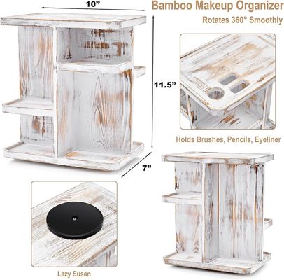 Organizzatore di trucco rotante per cosmetici e cura della pelle in legno bianco rustico su misura