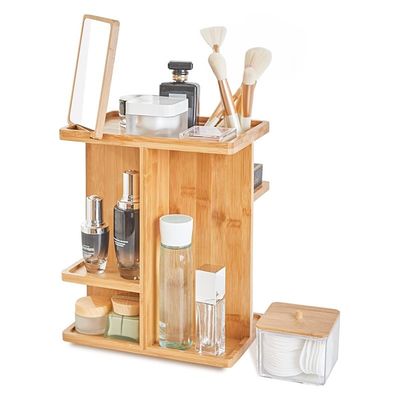 Organizzatore per il trucco in legno di bambù scolpito e deposito per la cura della pelle per una vanità senza disordine