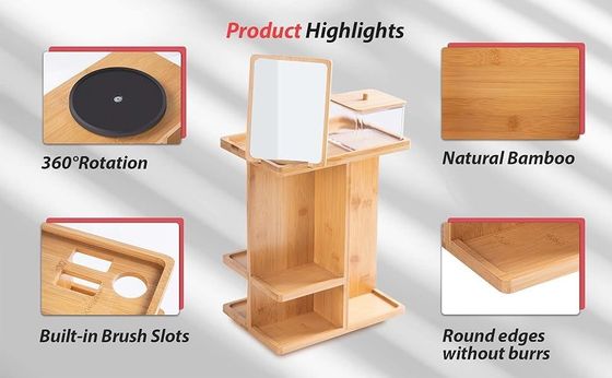 Organizzatore per il trucco in legno di bambù scolpito e deposito per la cura della pelle per una vanità senza disordine