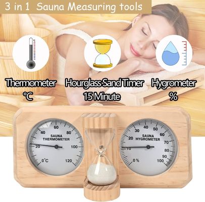 Moderno design 3 in 1 termometro e iggrometro da sauna in legno con timer di sabbia da 15 minuti