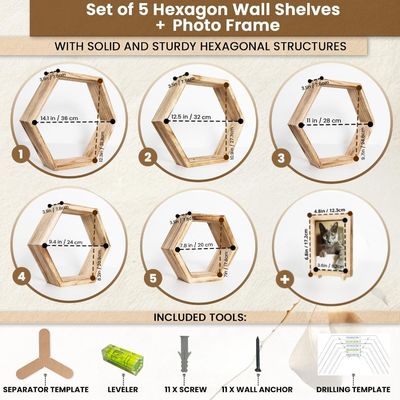 Set di 5 scaffali galleggianti esagonali con disegno personalizzato e cornice fotografica