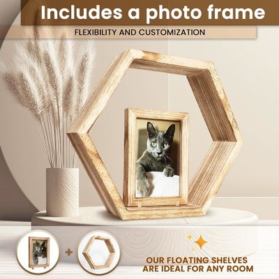 Set di 5 scaffali galleggianti esagonali con disegno personalizzato e cornice fotografica