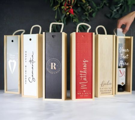 Scatola di vino in legno fatta a mano con incisione laser personalizzata e coperchio scorrevole personalizzato