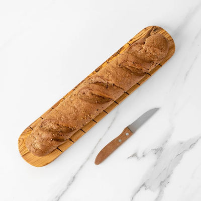 Tavola da taglio per baguette in legno d'oliva artigianale a forma personalizzata in bianco e grigio per gli amanti del pane