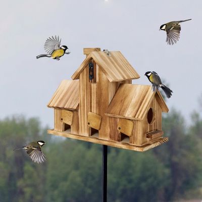 Casa per uccelli in legno a 3 buchi in esterno fatta a mano con legno per l'habitat del giardino