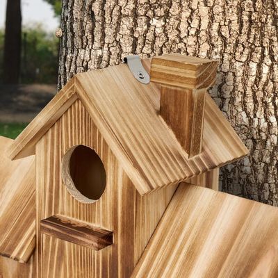 Casa per uccelli in legno a 3 buchi in esterno fatta a mano con legno per l'habitat del giardino