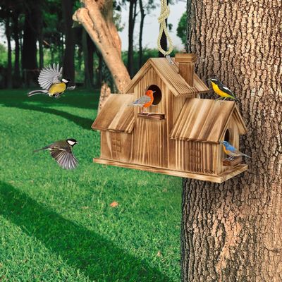Casa per uccelli in legno a 3 buchi in esterno fatta a mano con legno per l'habitat del giardino