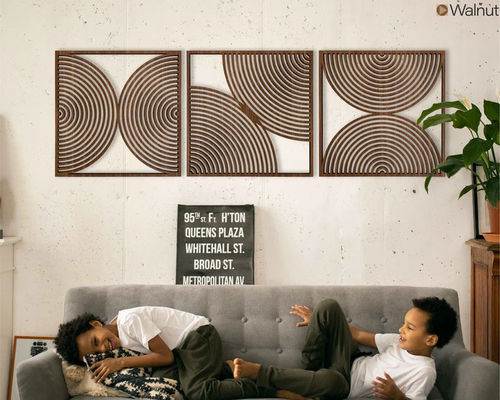 Set di 3 Boho Home Gift Large Wood Wall Art con stile moderno di metà secolo e logo personalizzato