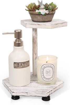 2 strati esagonali in legno con schermo elevato, vassoio bianco per la cucina e il bagno