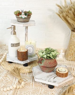 2 strati esagonali in legno con schermo elevato, vassoio bianco per la cucina e il bagno