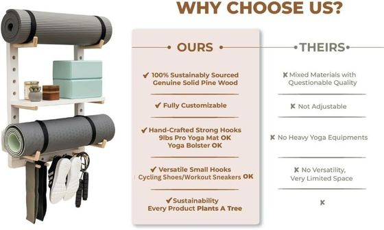 Comodo organizzatore di tappetino da yoga in legno per il montaggio a parete completamente personalizzabile in palestra a casa