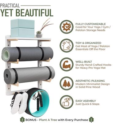 Comodo organizzatore di tappetino da yoga in legno per il montaggio a parete completamente personalizzabile in palestra a casa