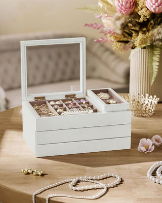 Casella di gioielli in legno a 3 strati a tappo trasparente a forma rettangolare per le esigenze di stoccaggio personalizzate