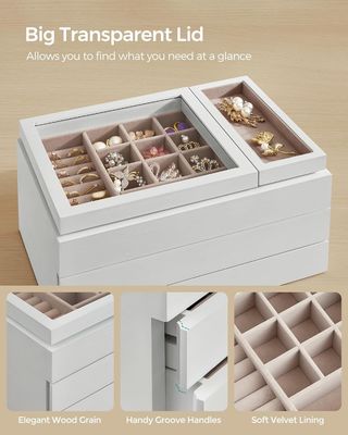 Casella di gioielli in legno a 3 strati a tappo trasparente a forma rettangolare per le esigenze di stoccaggio personalizzate