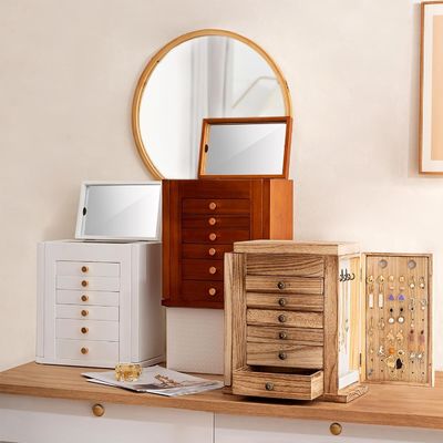 Grande 7 strati di legno gioielleria scatola con specchio per orecchini bracciale collana orologio anello