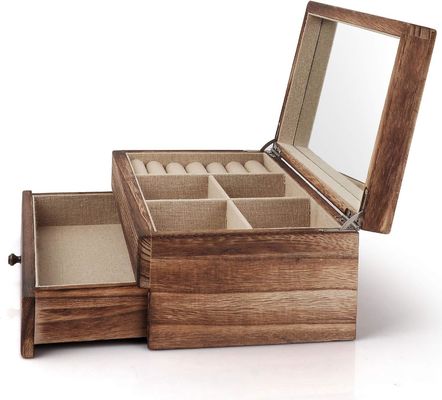 Custom OEM Logo Rustico Gioielleria in Legno Scatola Con Specchio anello vassoio Grandi dimensioni Craft regalo