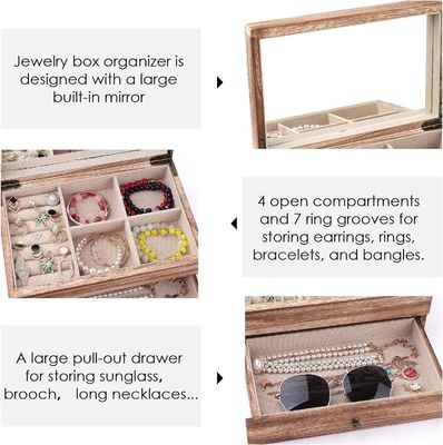 Custom OEM Logo Rustico Gioielleria in Legno Scatola Con Specchio anello vassoio Grandi dimensioni Craft regalo