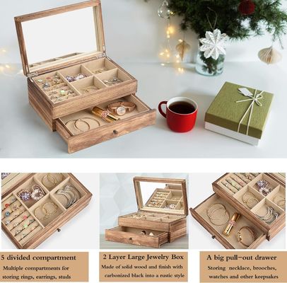 Custom OEM Logo Rustico Gioielleria in Legno Scatola Con Specchio anello vassoio Grandi dimensioni Craft regalo