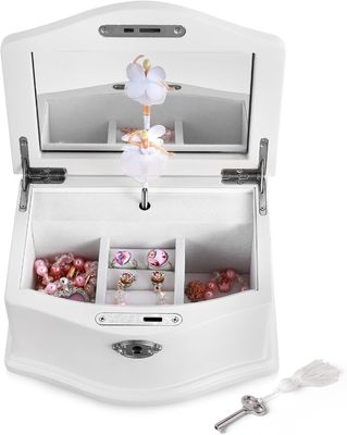 Scatola di gioielli da ballerina in legno bianco medio con specchio per organizzazione personalizzata