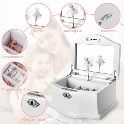 Scatola di gioielli da ballerina in legno bianco medio con specchio per organizzazione personalizzata