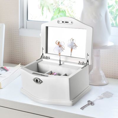 Scatola di gioielli da ballerina in legno bianco medio con specchio per organizzazione personalizzata