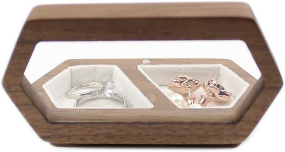 Scatola di anelli a coppia fatta a mano con coperchio trasparente in velluto bianco e stampa bruciata