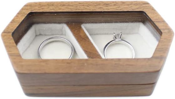 Scatola di anelli a coppia fatta a mano con coperchio trasparente in velluto bianco e stampa bruciata