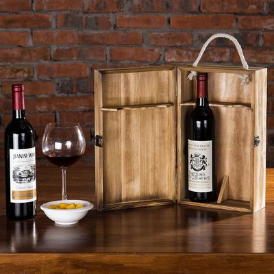 Scatole regalo di vino a due bottiglie di legno rustico ecologico con coperchio personalizzabile