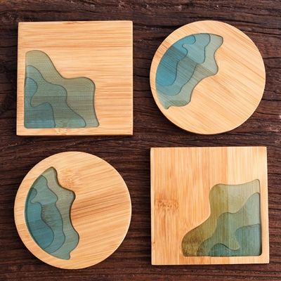 10cm Live Edge Bambù Quadrato Resina Legno Epossico Legno Monoposto Resina Fiume Blu Smeraldo