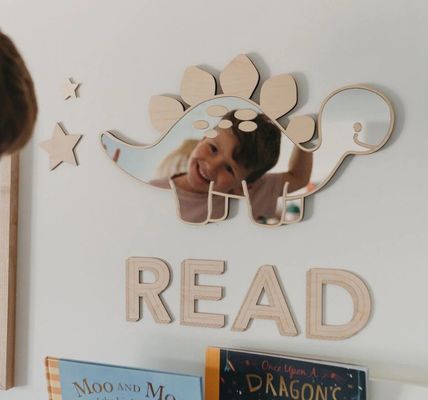 Logo personalizzato In legno a forma di dinosauro specchio a telaio con telaio in legno e legno