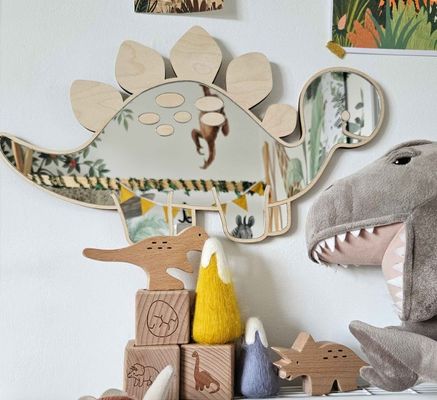 Logo personalizzato In legno a forma di dinosauro specchio a telaio con telaio in legno e legno