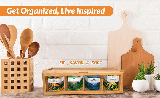 Organizzatore di sacchetti da tè in legno con stampa laser incisa e vetro acrilico trasparente