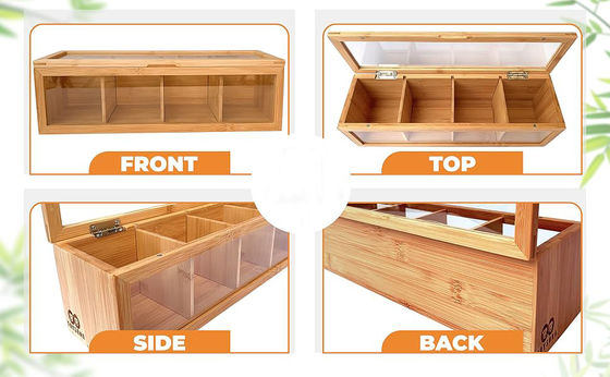 Organizzatore di sacchetti da tè in legno con stampa laser incisa e vetro acrilico trasparente