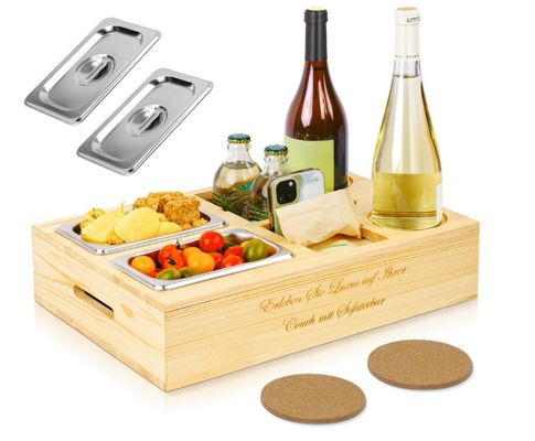 Piatto di divano in legno personalizzato con portabevande coperchio rimovibile e vano di stoccaggio