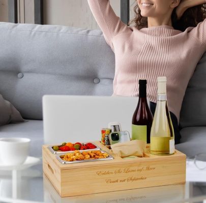 Piatto di divano in legno personalizzato con portabevande coperchio rimovibile e vano di stoccaggio