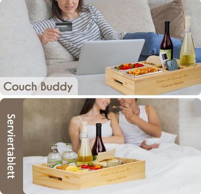 Piatto di divano in legno personalizzato con portabevande coperchio rimovibile e vano di stoccaggio