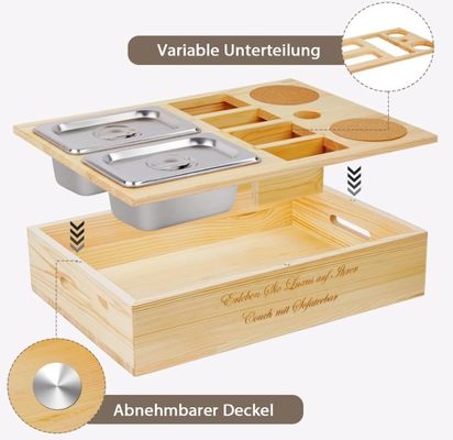 Piatto di divano in legno personalizzato con portabevande coperchio rimovibile e vano di stoccaggio