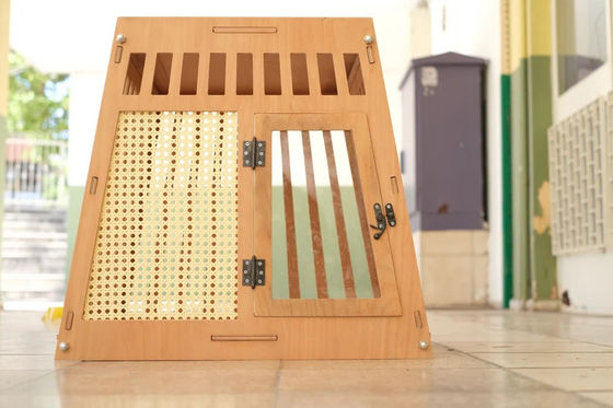 Casa per cani e gatti in legno naturale con porta in bianco